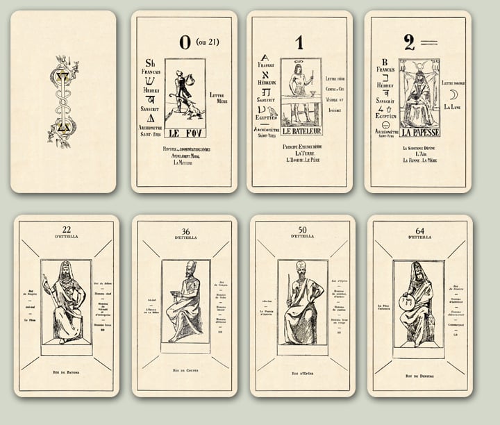 Papus Tarot Cards c. 1909, Jean Gabriel Goulinat - Antique Egyptian --  Color & B/W